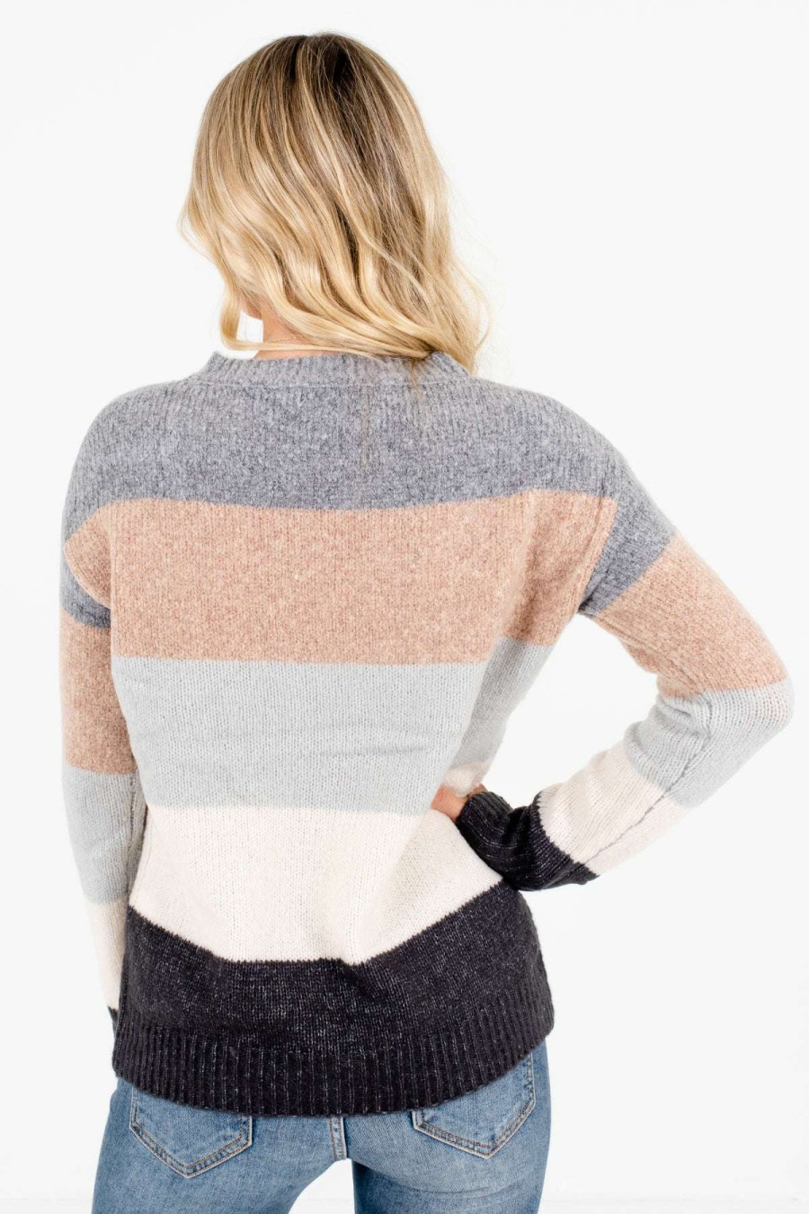 Sweaters * | Wholesale Bella Ella Boutique Dream Come True Gray Multi Striped Sweater