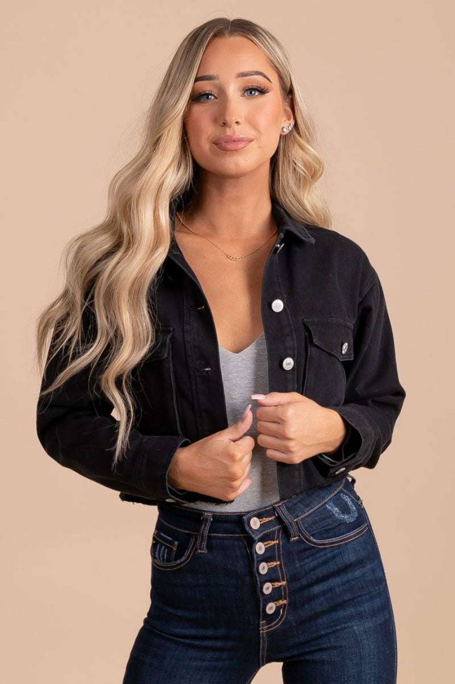 Jackets * | Discount Lovetree Prove Them Wrong Cropped Denim Jacket Black