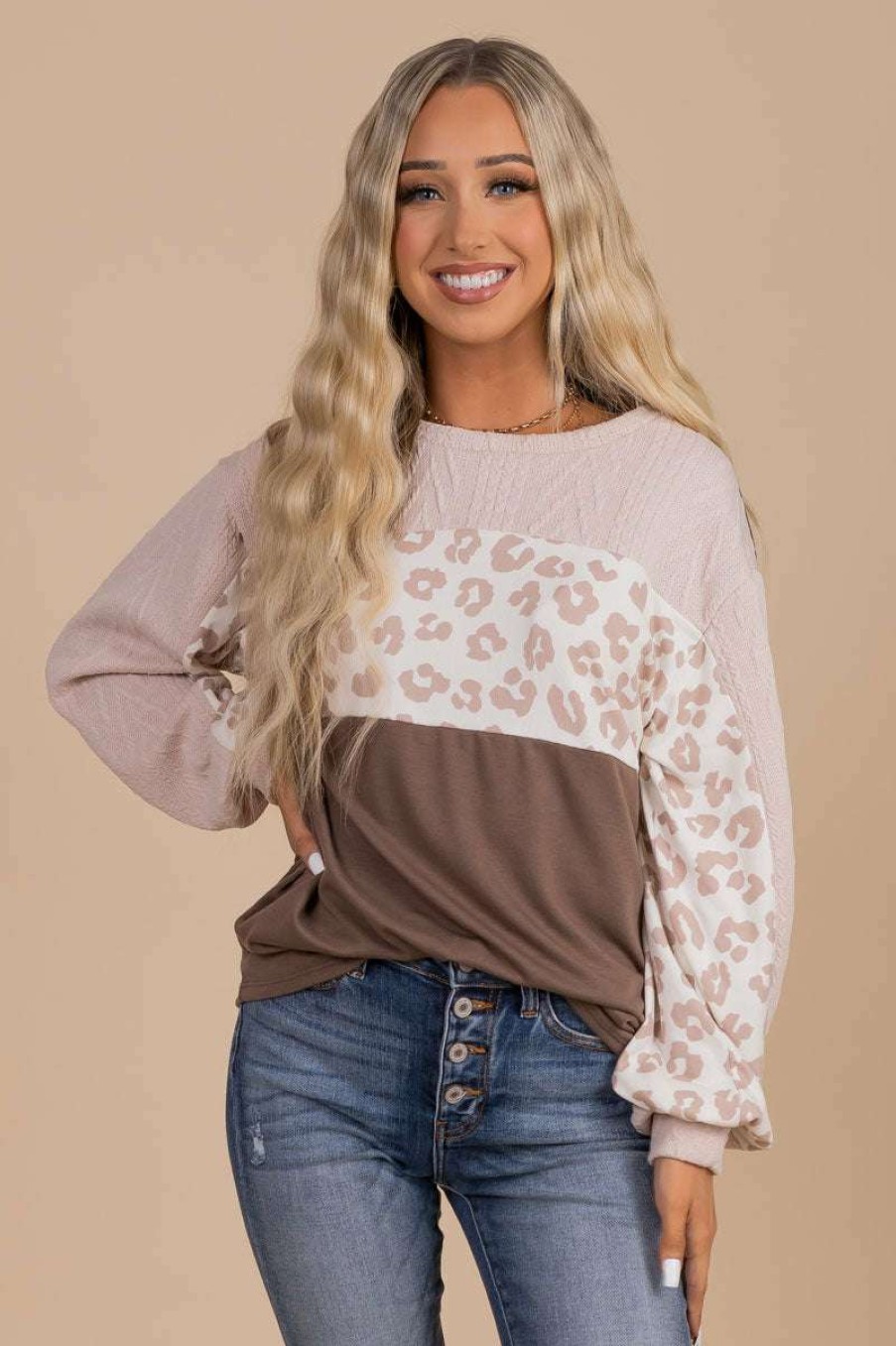 Sweaters * | Top 10 Macaron Falling Forever Animal Print Sweater Light Brown