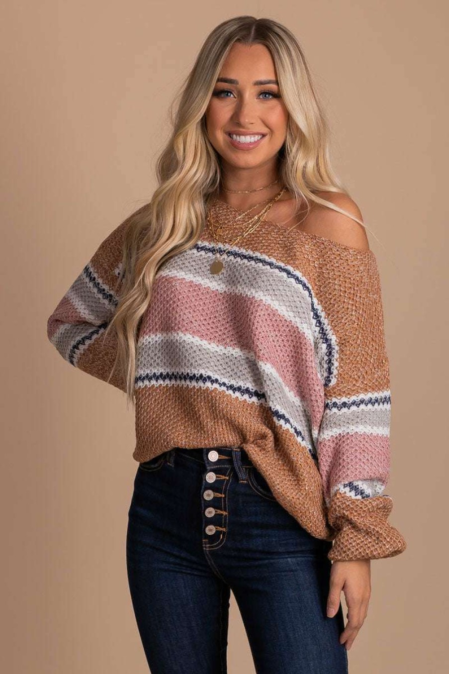 Sweaters * | Best Deal Eesome Hello Autumn Striped Knit Sweater