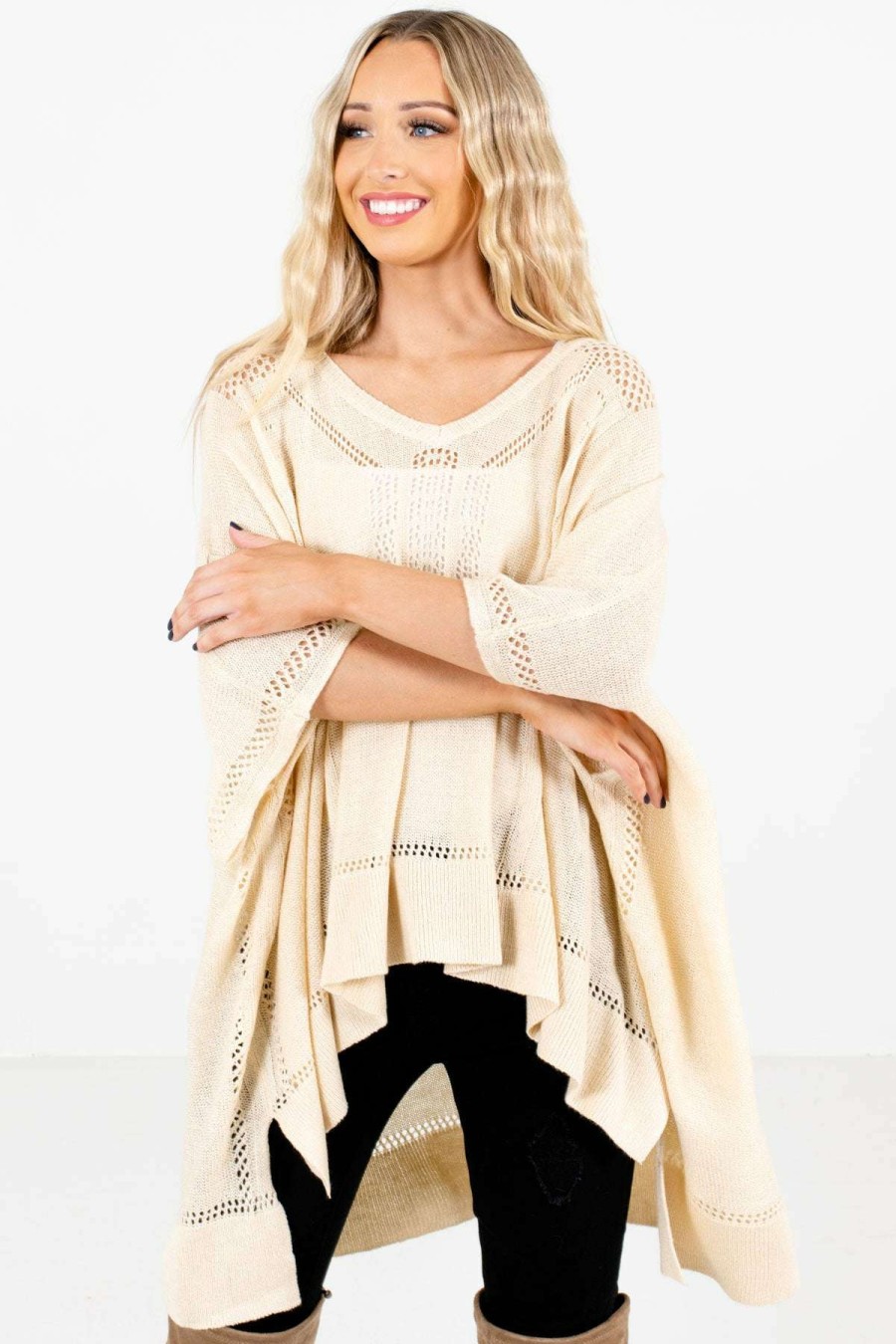 Sweaters * | Buy Bella Ella Boutique Joyful Heart Cream Sweater Poncho