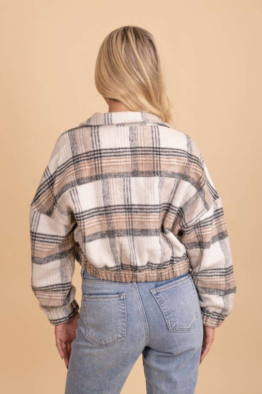 Jackets * | Cheap Timing Make It Worth It Plaid Cropped Jacket Light Brown