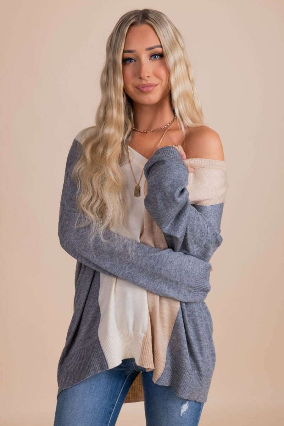 Sweaters * | Buy Jodifl Fall Breeze Color Block Sweater Gray