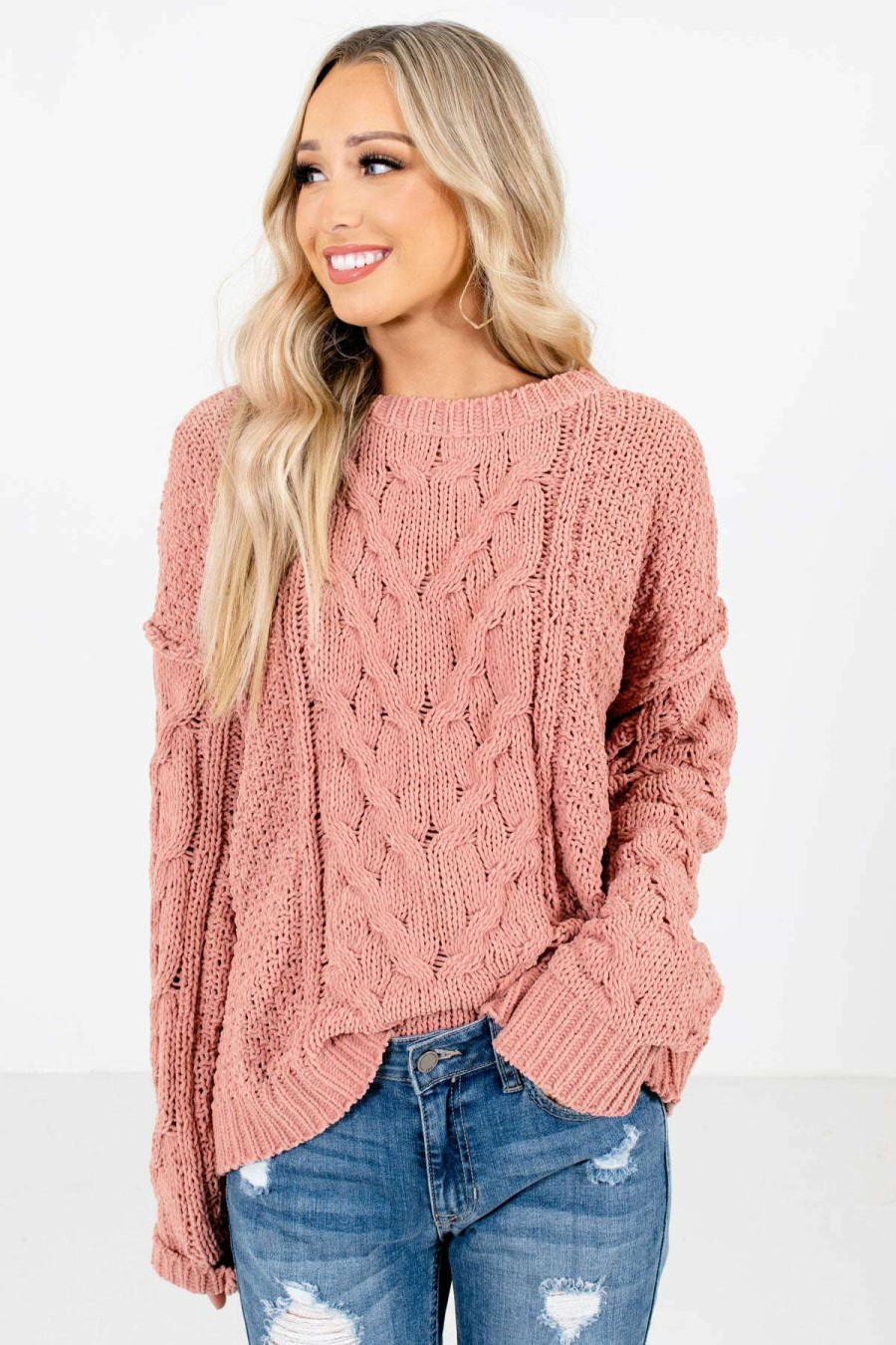 Sweaters * | Cheap Bella Ella Boutique Admire Me Coral Cable Knit Sweater