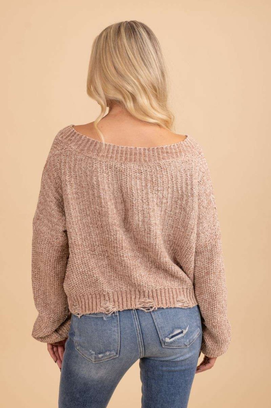 Sweaters * | Coupon Miracle This Is My Happy Place Distressed Knit Sweater Light Gray