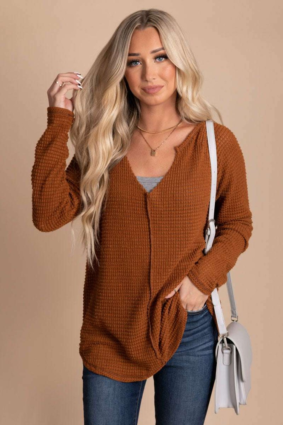 Sweaters * | Discount Bibi Turn A New Leaf V-Neck Sweater Brown